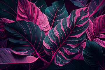  Plant leaves pink background, floral tropical leaves pattern for wallpaper, Generative AI 