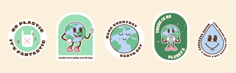 Save the planet stickers in trendy retro cartoon style. Sticker pack for Earth or World Environment Day. Funny vector illustration of planet Earth, globe with smiley face. Eco green labels or badges.