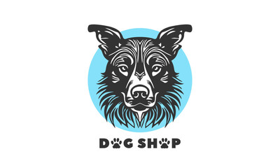 Vector cute canine portrait. The inscription dog shop with paws with a blue circle on a white isolated background. Logo, sticker or icon.
