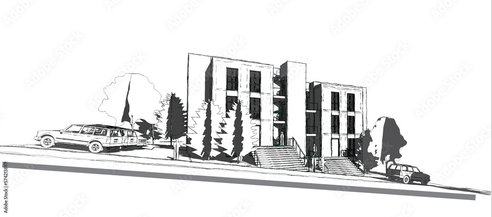 Poster 3d illustration of a three storey residential block. architectural perspective from street level. bu