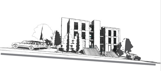 3d illustration of a three storey residential block. Architectural perspective from street level.  Building in a sloped road raised with stairs in front. Monochrome image in handskecth style. 