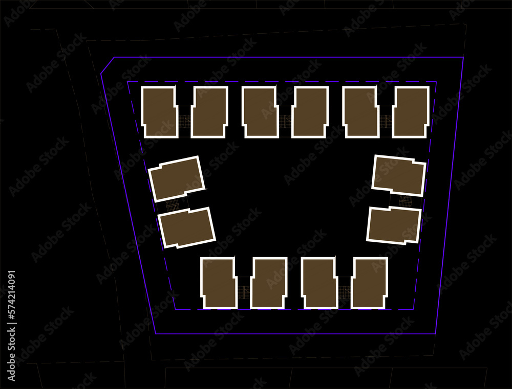 Poster abstract 2d illustration of a site plan with blocks on periphery. a gated community planning with tw