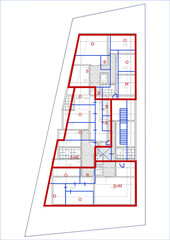 Abstract 2d illustration of a residence floor plan sketch. House layout drawn on top of the old one. Space planning idea of three flats. Architectural red and blue colored drawing on white background.