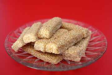 Sesame bars, a kind of Chinese sweetmeat made of many ingredients (called Kanom Chan ap in Thai) for offer Sacrifices to god in Chinese culture.
