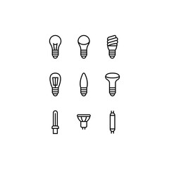 Outline isolated icons set of different led, halogen, edison light bulbs on white background.