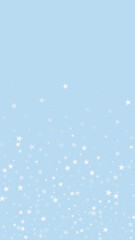 Falling snowflakes christmas background. Subtle flying snow flakes and stars on light blue winter backdrop. Beautifully falling snowflakes overlay. Vertical vector illustration.