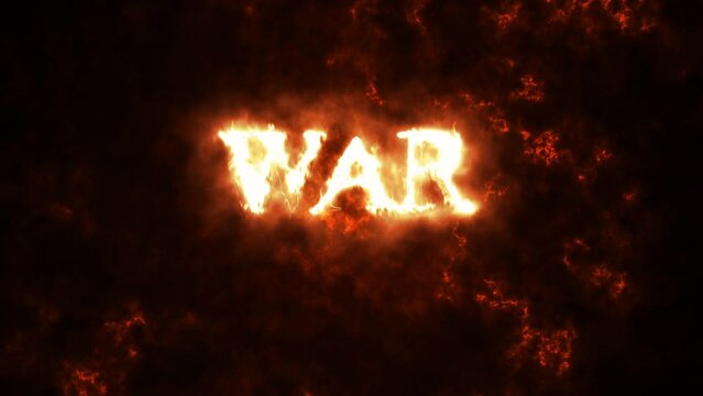 The word WAR written with igniting fire on burning background. 3D animation