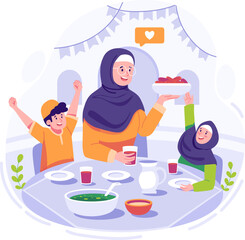 Happy iftar muslim family flat illustration