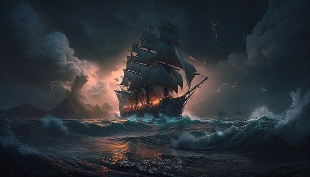 Pirate ship engulfed in flames during storm - Generative AI