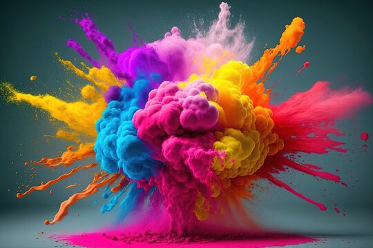 Colorful Explosion of Colored Powder on Gray Background - Digital Art
