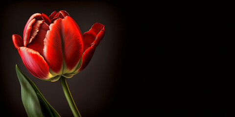 Fototapeta na wymiar Red tulip isolated on a black background with space for your text. Сopy space