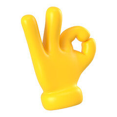 Yellow emoji close up showing okay gesture isolated. Showing hand agree icon, symbol, signal and sign. 3d rendering. © Volodymyr
