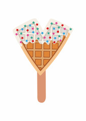 Sweet food and dessert food, vector illustration of golden brown homemade corn dog or hot dog waffle on a stick in various flavors decorations and white chocolate. Letter 