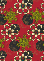 Seamless pattern with ornament and rabbits on the red background