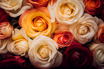Close-up of colorful red orange white and yellow roses background. Generative AI.