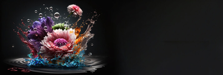 Banner Levitating of spring or summer colorful flower bouquet with liquid water splash on black background, Blooming levitation, Greeting card, Surreal aesthetic nature concept AI Generative