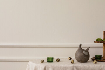 Minimal spring composition of easter living room interior with copy space, beige wall with stucco...