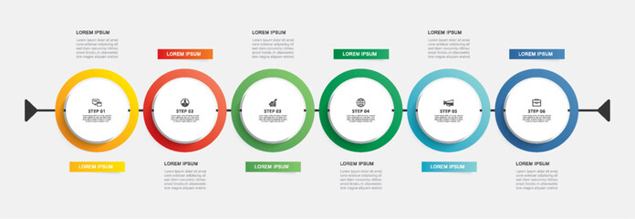 Infographics circle timeline with 6 number data template. Vector illustration abstract background.