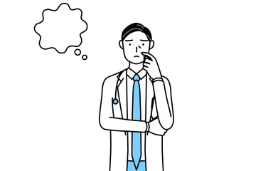 顔をかきながら考える聴診器をかけた白衣の男性医師、シニア・中高年のベテラン医師