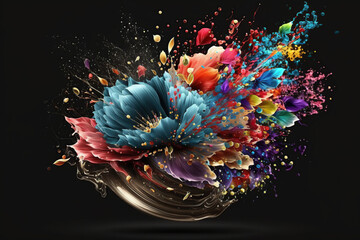Levitating of spring or summer colorful flower bouquet with  splash on black background, Blooming levitation, Greeting card, Surreal aesthetic nature concept AI Generative