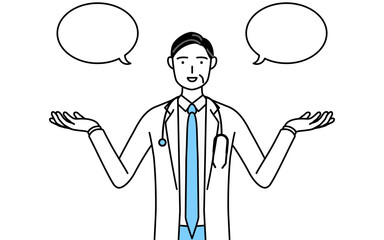 ふきだしつき、比較をする聴診器をかけた白衣の男性医師、シニア・中高年のベテラン医師