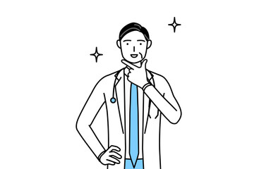 自信家のポーズを取る聴診器をかけた白衣の男性医師、シニア・中高年のベテラン医師