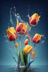 Flowers yellow tulips levitation and water splashes on blue background,  International women's day, Spring concept, greeting card. AI Generative