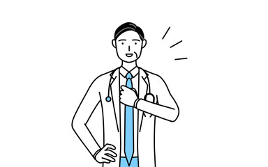 胸を叩く聴診器をかけた白衣の男性医師、シニア・中高年のベテラン医師