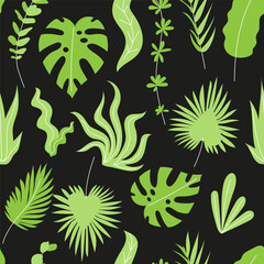 Seamless pattern with green tropical palm leaves on black background. Exotic foliage wallpaper.