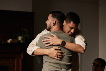 Friends, support group hug and men counseling for drug abuse and mental health problem. Empathy,...
