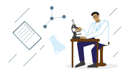 A man is sitting at a table with a microscope. The concept of scientific research, laboratories of chemistry, biology, technology. Flat vector illustration