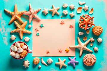 Fototapeta na wymiar Planning summer holidays, trip and vacation background. Travelers notebook with features starfish and seashells on a blue table top top view. Flat lay. Generative AI