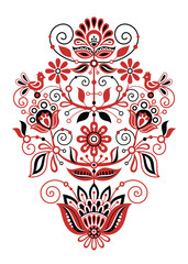 The Tree of Life Inspired by Ukrainian Traditional Embroidery. Ethnic Floral Motif, Handmade Craft Art. Traditional Ukrainian Red and Black Embroidery. Single Design Element. Vector Illustration