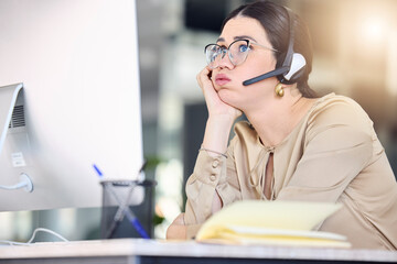 Stress, call center and woman with burnout in customer service, telemarketing and consulting at...