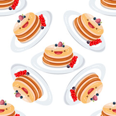 Cute pancakes seamless pattern. Vector illustration. Food icon concept. Flat cartoon style..