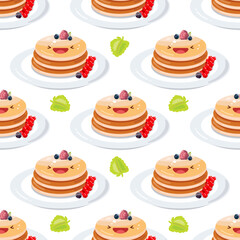 Cute pancakes seamless pattern. Vector illustration. Food icon concept. Flat cartoon style..