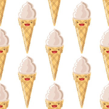 Cute ice cream cone seamless pattern. Vector illustration. Food icon concept. Flat cartoon style..