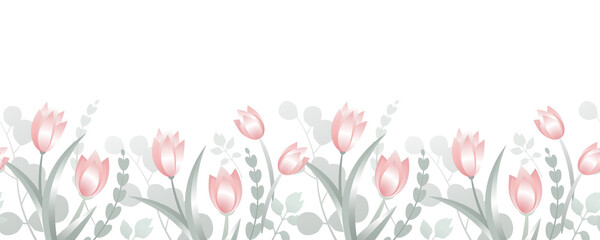 Fototapeta na wymiar Floral border. Cute horizontal banner with blooming pink tulips. Spring seamless pattern
