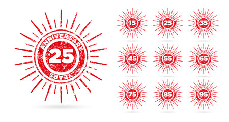 Set of anniversary logos from 15 to 95 years old, drawn as stamps, red celebration frames. Grunge style rubber stamp texture. Postage stamp collection. Vector round stamps for holiday event
