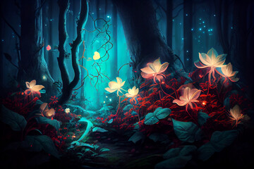 Fantasy forest at night. magic luminous flowers in fairy