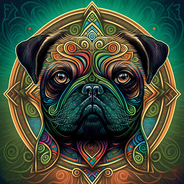 Dog of Celtic art of east totem and west style in psychedelic. Fit for apparel, book cover, poster, print. 