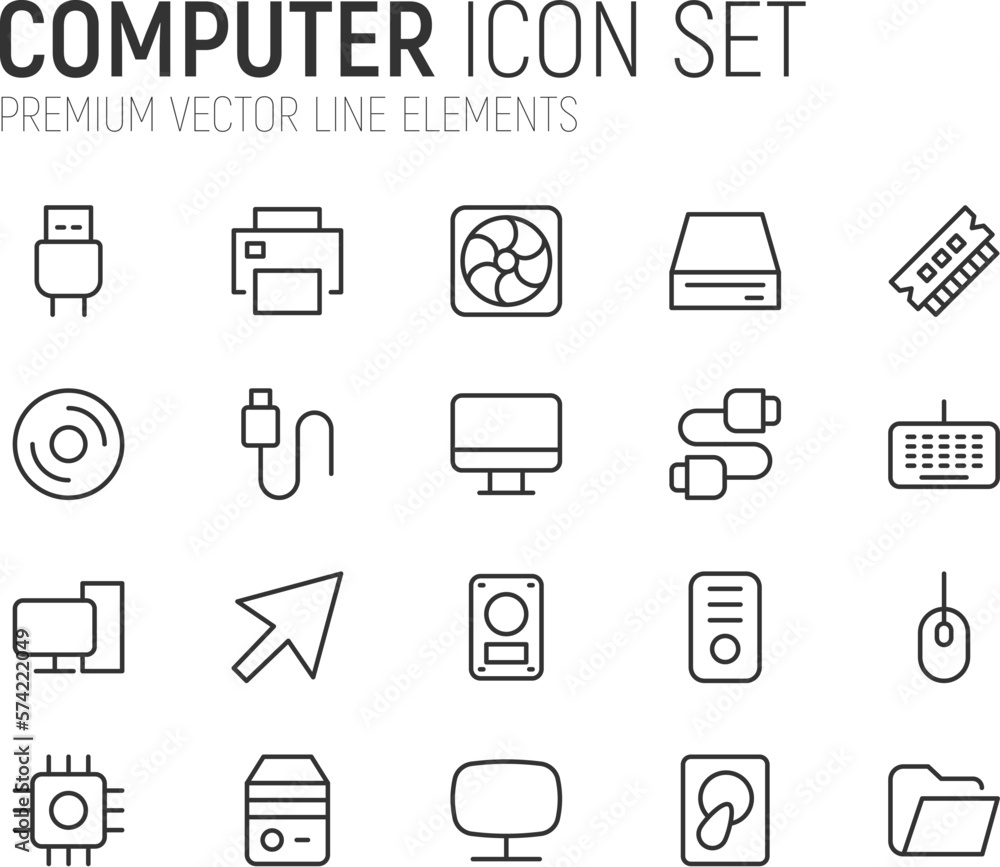 Poster stroke vector computer line icons.