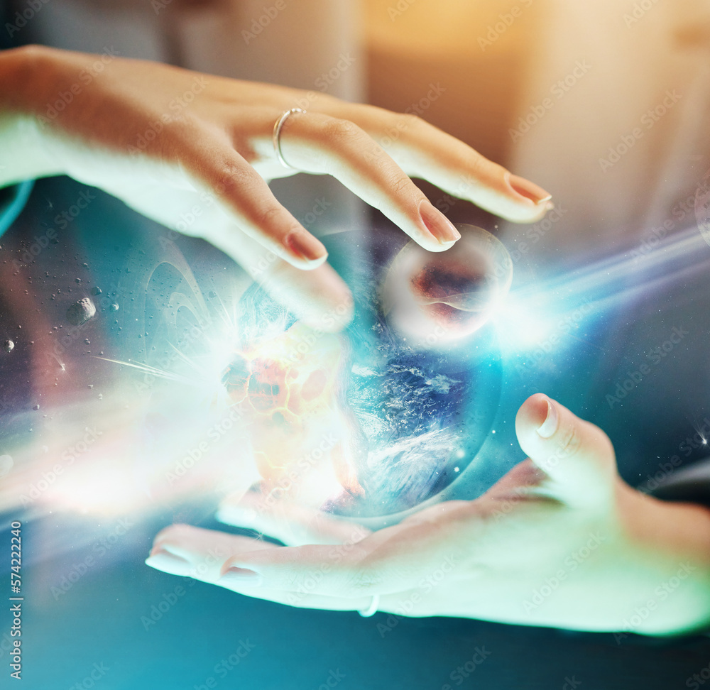 Poster hands, 3d hologram earth and office in night for global cybersecurity, web design and digital ux for