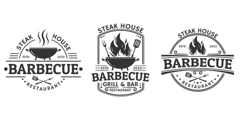 Barbeque logo set. BBQ icon or label. Grill bar, restaurant, steak house vintage badge design with fire flame, grill fork and spatula. Vector illustration. - obrazy, fototapety, plakaty