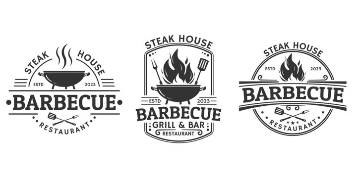 Barbeque logo set. BBQ icon or label. Grill bar, restaurant, steak house vintage badge design with fire flame, grill fork and spatula. Vector illustration.
