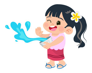 Songkran festival illustration. Girl enjoy playing water gun isolated on transparent background. PNG file