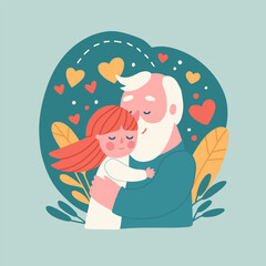 Old man, grandfather, hugs a girl, his granddaughter. Best grandpa ever card concept. Vector flat hand drawn illustration with floral background.