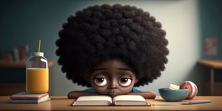 Child Reading A Book. Cartoon School Student With Afro Hair Studying. Generative AI