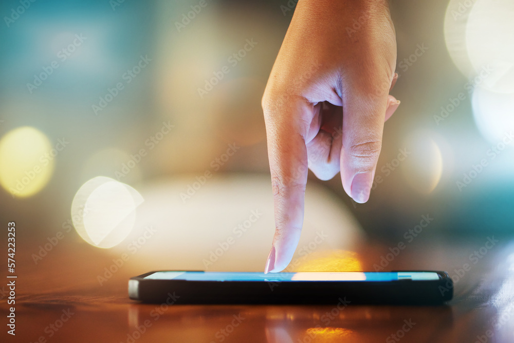 Poster Hand, phone and biometrics with a woman using touchscreen technology to access the internet. Security, finger and fingerprint with a person touching a mobile for communication, networking or contact