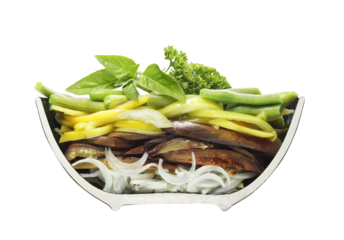 sawn in half plate with salad isolate on transperent background